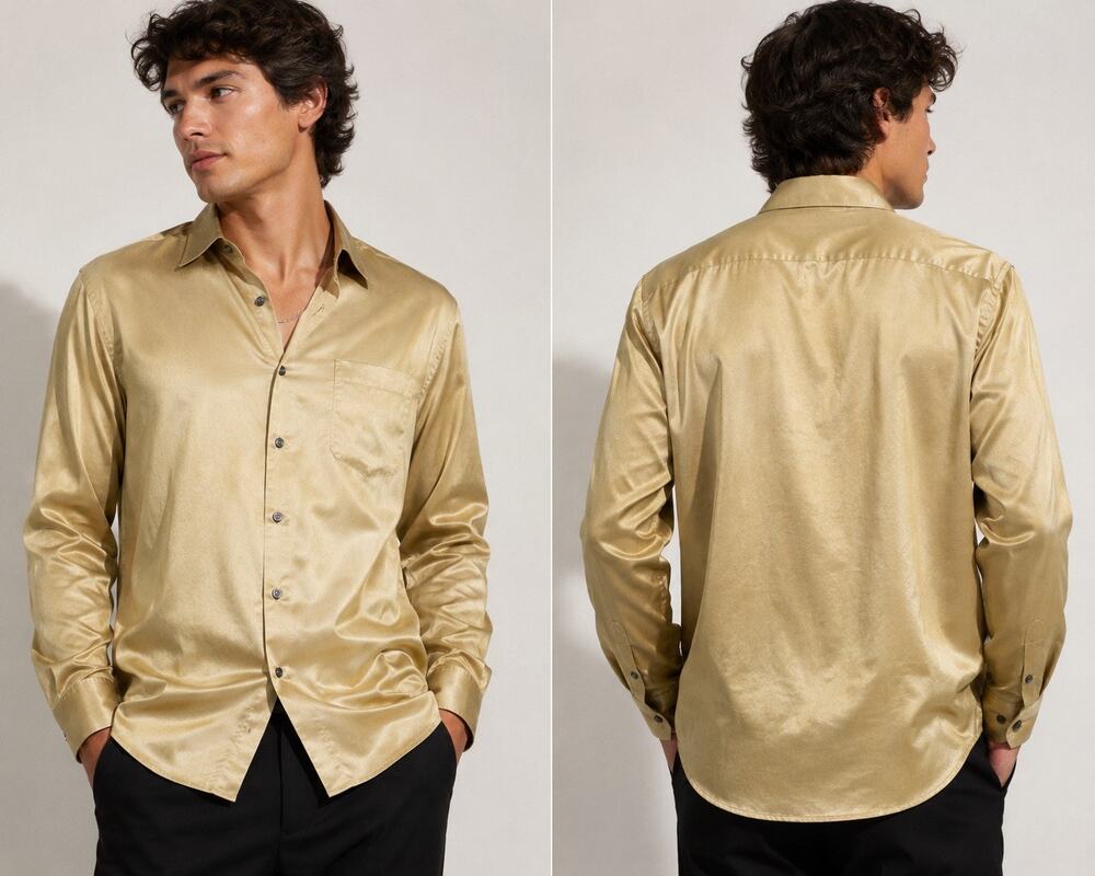 John W Nordstrom Gold Satin Button Up Shirt Mens 16.5 32 Dress Casual Luxe